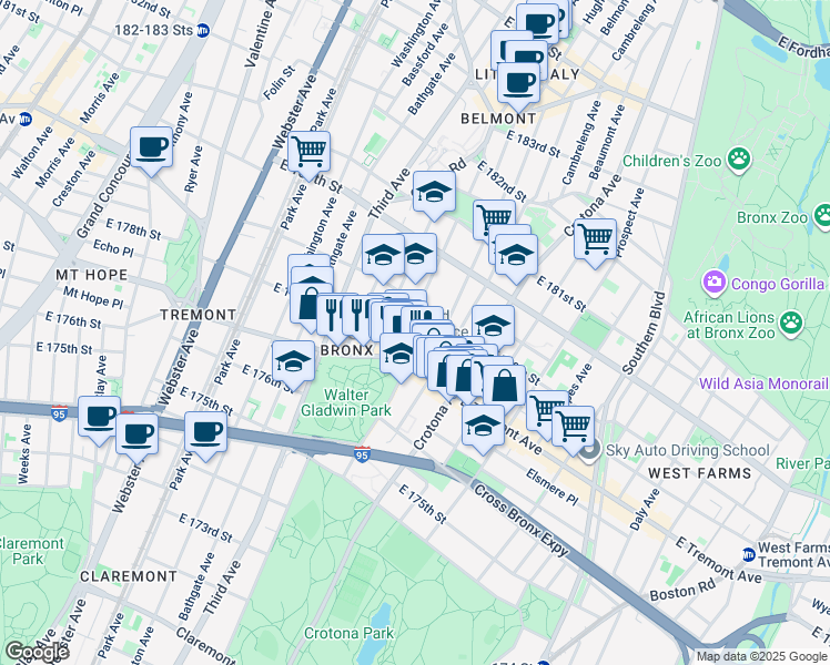 map of restaurants, bars, coffee shops, grocery stores, and more near in The Bronx