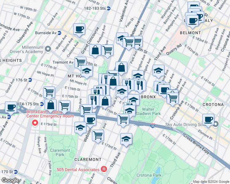 map of restaurants, bars, coffee shops, grocery stores, and more near 4151 Park Avenue in Bronx