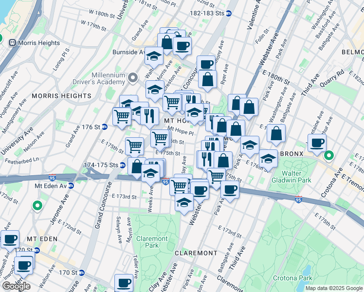 map of restaurants, bars, coffee shops, grocery stores, and more near in The Bronx