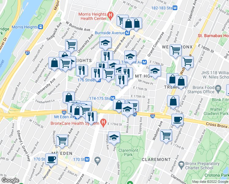 map of restaurants, bars, coffee shops, grocery stores, and more near 1760-1798 Morris Avenue in Bronx