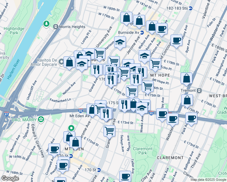 map of restaurants, bars, coffee shops, grocery stores, and more near in The Bronx
