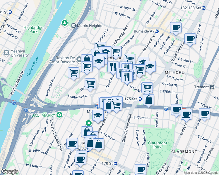 map of restaurants, bars, coffee shops, grocery stores, and more near 1678 Davidson Avenue in The Bronx