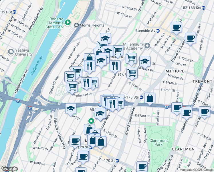 map of restaurants, bars, coffee shops, grocery stores, and more near 1630 Grand Avenue in Bronx