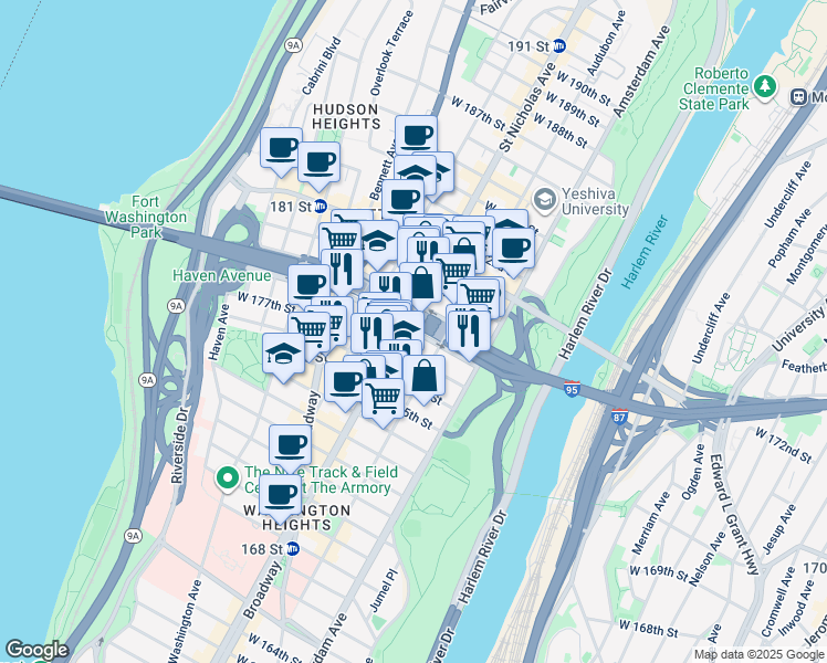 map of restaurants, bars, coffee shops, grocery stores, and more near 585 West 177th Street in New York