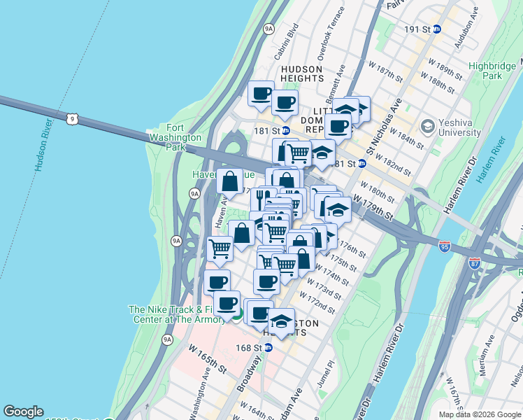 map of restaurants, bars, coffee shops, grocery stores, and more near in New York