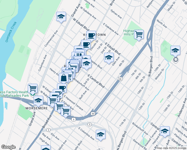 map of restaurants, bars, coffee shops, grocery stores, and more near 306B 3rd Street in Palisades Park