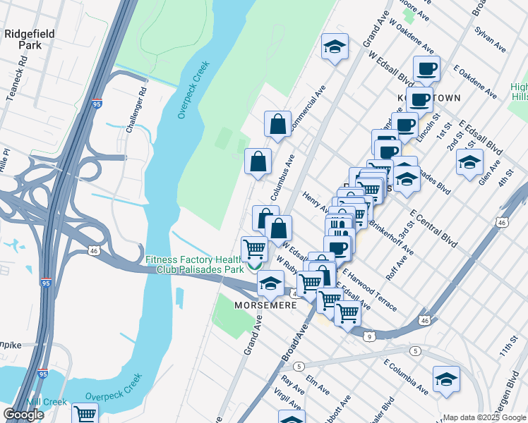 map of restaurants, bars, coffee shops, grocery stores, and more near 111 Grand Avenue in Palisades Park