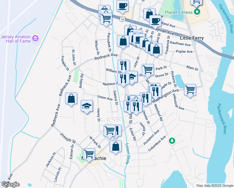 map of restaurants, bars, coffee shops, grocery stores, and more near 39 Union Avenue in Little Ferry