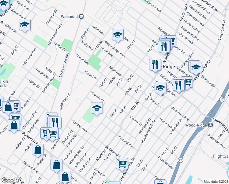 map of restaurants, bars, coffee shops, grocery stores, and more near 310 Center Street in Carlstadt