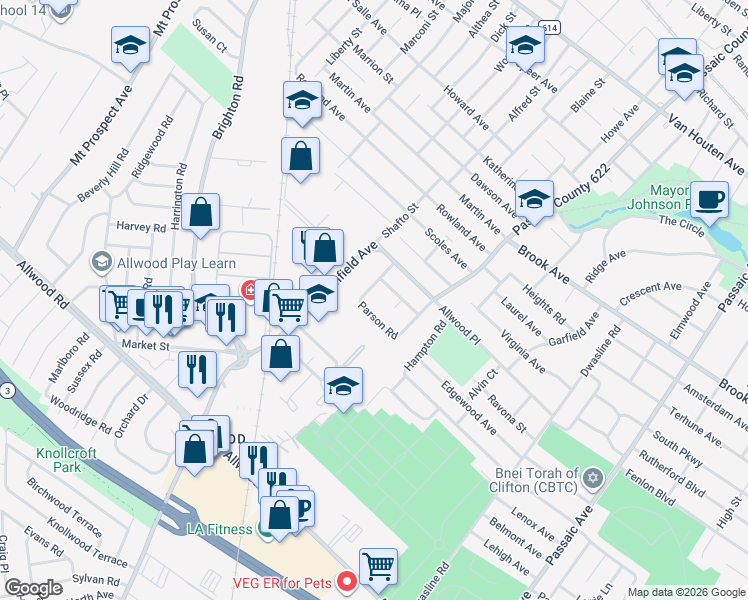 map of restaurants, bars, coffee shops, grocery stores, and more near 64 Parson Road in Clifton