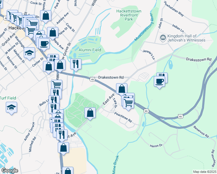 map of restaurants, bars, coffee shops, grocery stores, and more near 31 U.S. 46 in Hackettstown