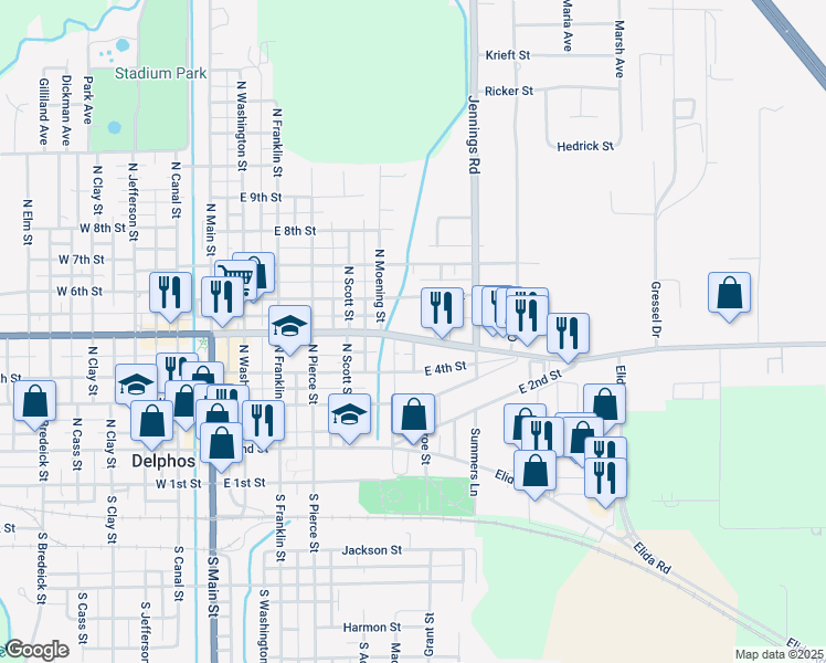 map of restaurants, bars, coffee shops, grocery stores, and more near 705 East 5th Street in Delphos