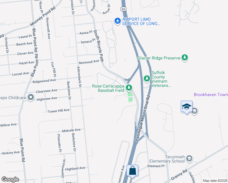 map of restaurants, bars, coffee shops, grocery stores, and more near 142 Overlook Drive in Farmingville