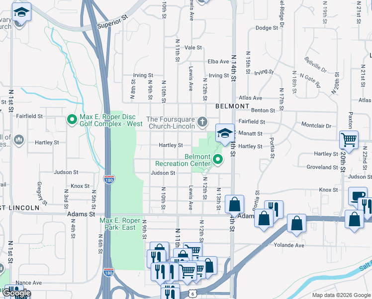 map of restaurants, bars, coffee shops, grocery stores, and more near 3433 Lewis Avenue in Lincoln