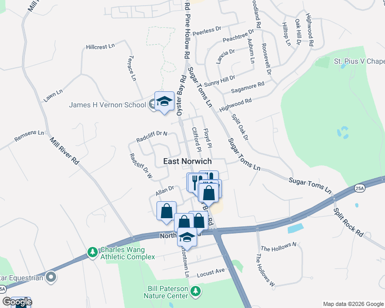 map of restaurants, bars, coffee shops, grocery stores, and more near in East Norwich