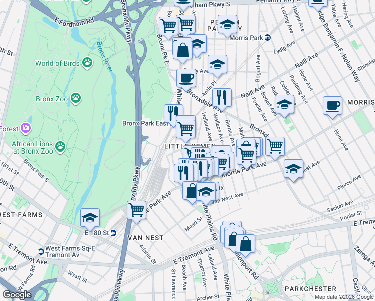 map of restaurants, bars, coffee shops, grocery stores, and more near 1853 Victor Street in The Bronx
