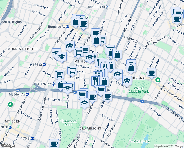 map of restaurants, bars, coffee shops, grocery stores, and more near 1806 Anthony Avenue in The Bronx