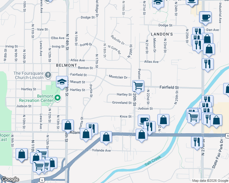 map of restaurants, bars, coffee shops, grocery stores, and more near 1831 Hartley Street in Lincoln