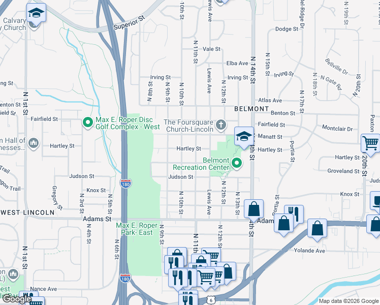 map of restaurants, bars, coffee shops, grocery stores, and more near 1019 Groveland Street in Lincoln