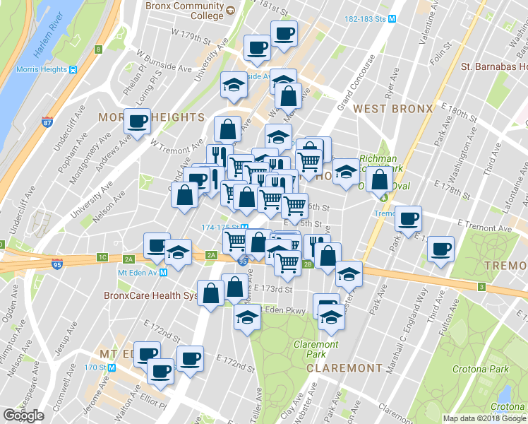 map of restaurants, bars, coffee shops, grocery stores, and more near Grand Concourse & Morris Ave in Bronx