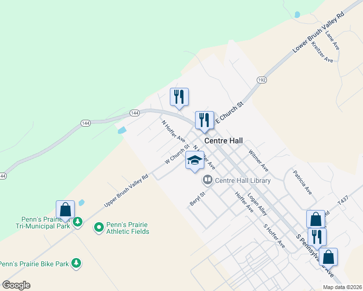 map of restaurants, bars, coffee shops, grocery stores, and more near N Willow Ave in Centre Hall