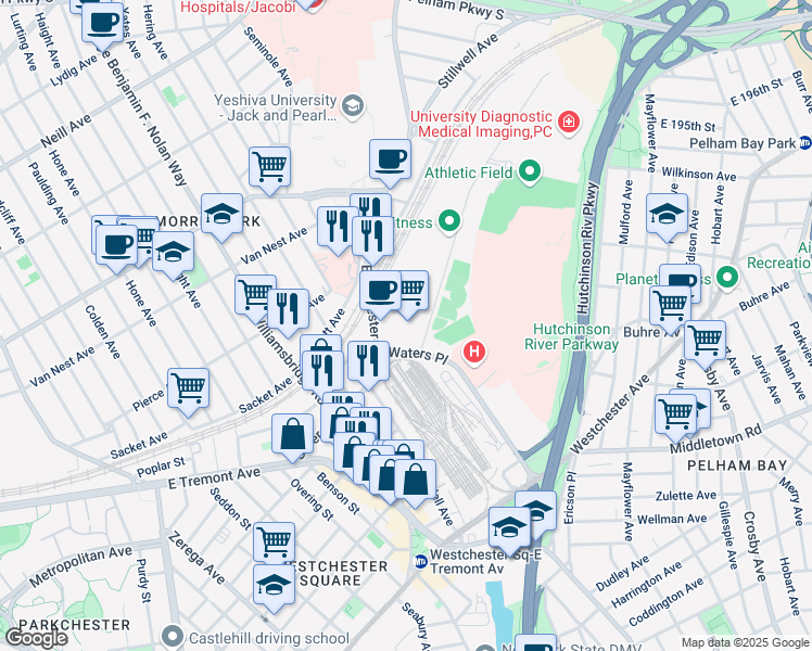 map of restaurants, bars, coffee shops, grocery stores, and more near 1200 Waters Place in The Bronx
