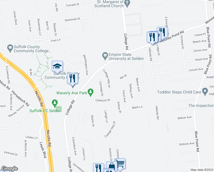 map of restaurants, bars, coffee shops, grocery stores, and more near 42 College Hills Drive in Farmingville