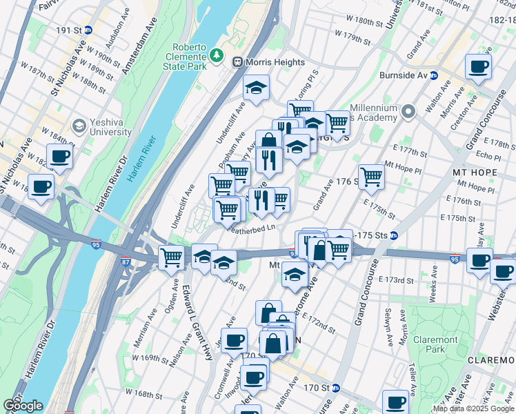 map of restaurants, bars, coffee shops, grocery stores, and more near 1649 Nelson Avenue in Bronx