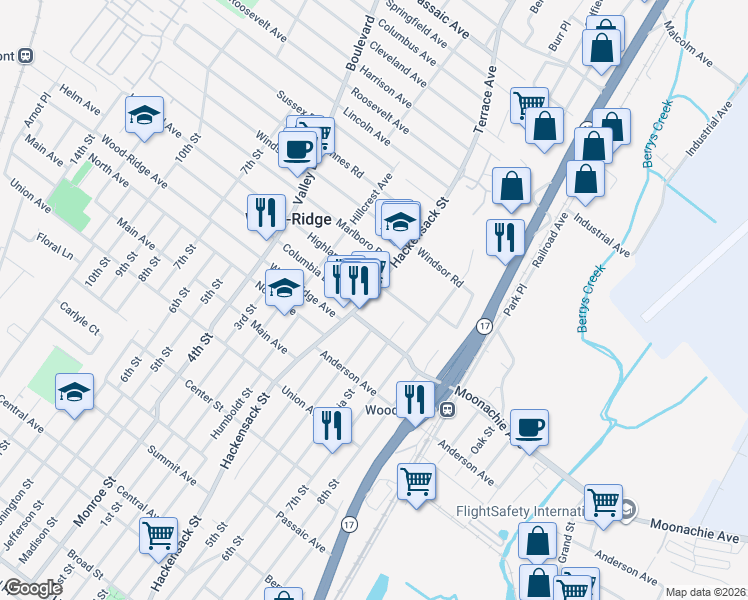 map of restaurants, bars, coffee shops, grocery stores, and more near 537 Moonachie Avenue in Wood-Ridge