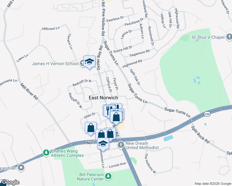 map of restaurants, bars, coffee shops, grocery stores, and more near 19 Floyd Place in East Norwich