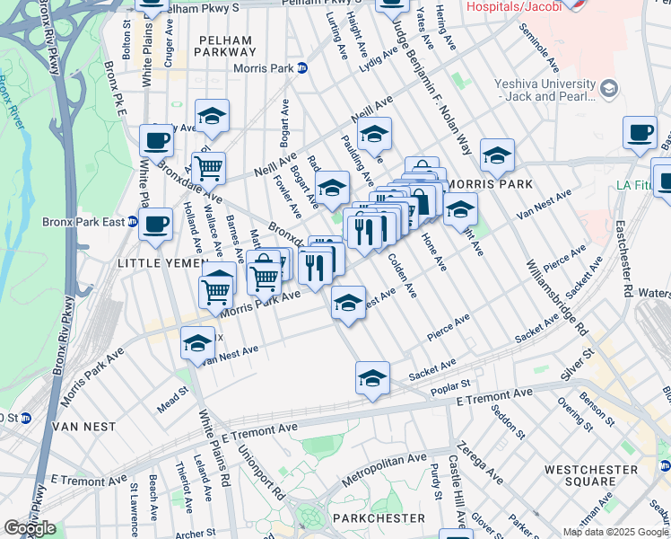 map of restaurants, bars, coffee shops, grocery stores, and more near 1821 Bogart Avenue in Bronx