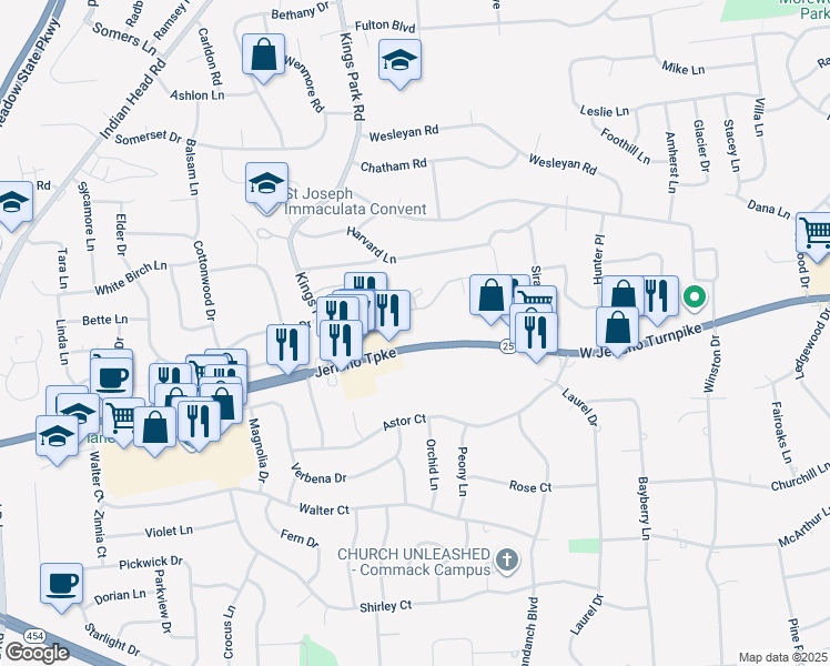 map of restaurants, bars, coffee shops, grocery stores, and more near 1131 Jericho Turnpike in Commack
