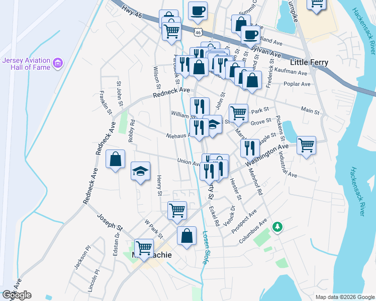 map of restaurants, bars, coffee shops, grocery stores, and more near 25 Niehaus Avenue in Little Ferry