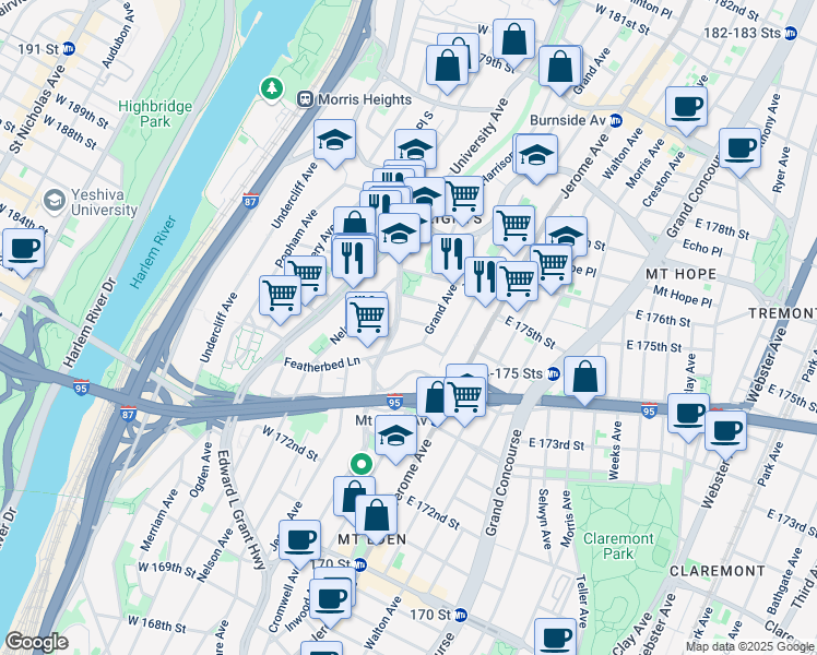 map of restaurants, bars, coffee shops, grocery stores, and more near 1674 Macombs Road in The Bronx