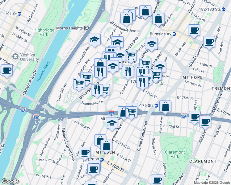 map of restaurants, bars, coffee shops, grocery stores, and more near 54 West 174th Street in Bronx