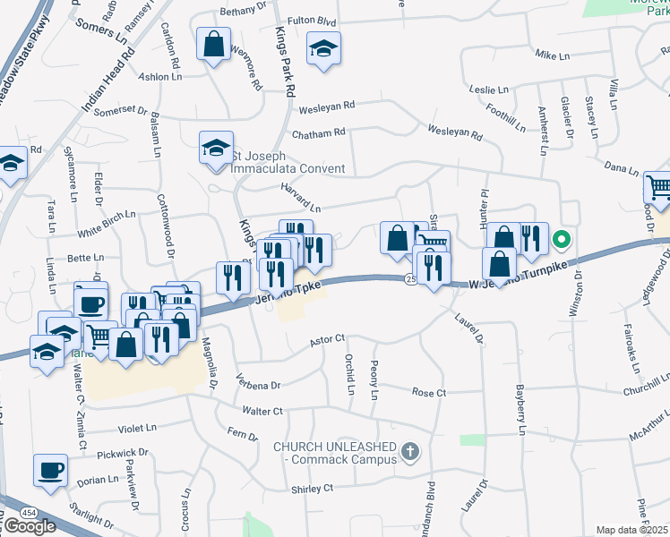 map of restaurants, bars, coffee shops, grocery stores, and more near 1131 Jericho Turnpike in Commack