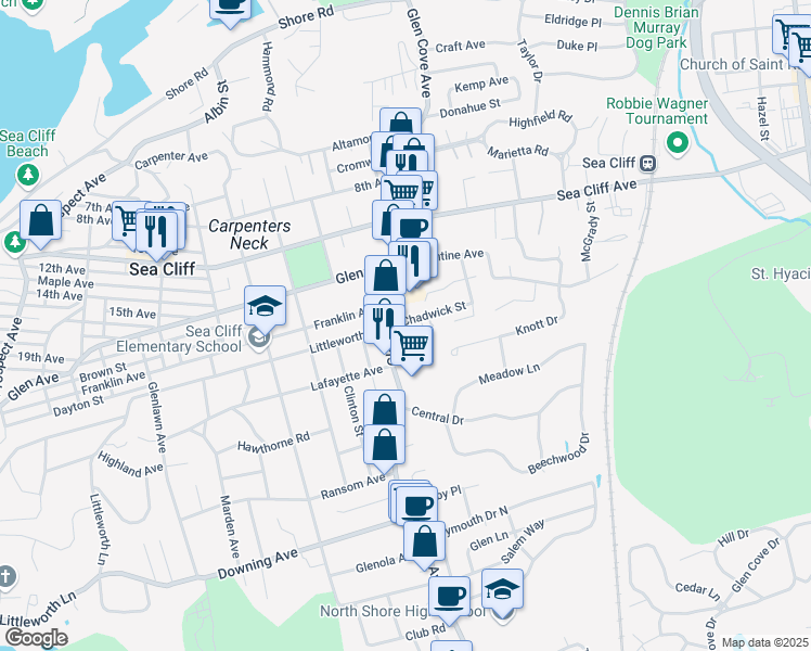 map of restaurants, bars, coffee shops, grocery stores, and more near 214 Glen Cove Avenue in Glen Cove