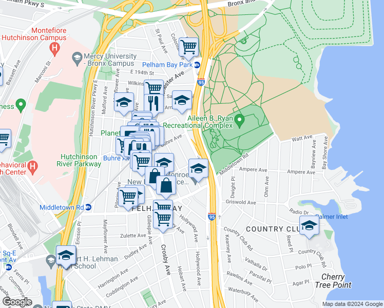 map of restaurants, bars, coffee shops, grocery stores, and more near 3533 Bruckner Boulevard in Bronx