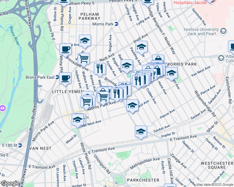 map of restaurants, bars, coffee shops, grocery stores, and more near 1840 Bronxdale Avenue in The Bronx