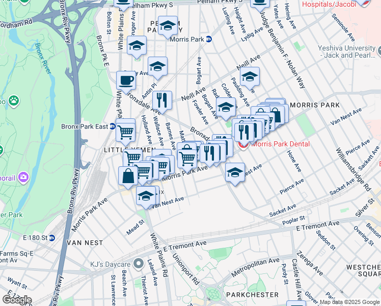 map of restaurants, bars, coffee shops, grocery stores, and more near 1859 Muliner Avenue in Bronx