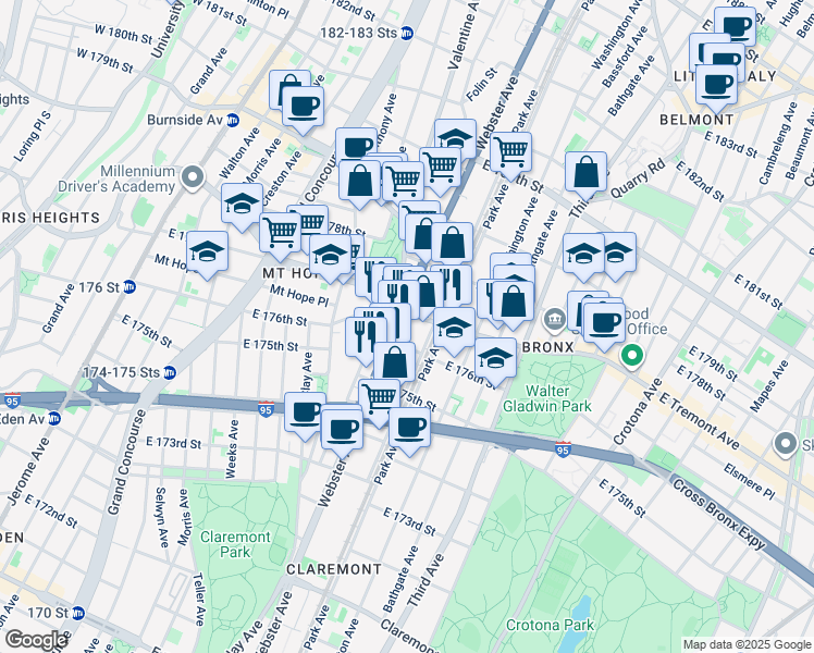 map of restaurants, bars, coffee shops, grocery stores, and more near 408 East Tremont Avenue in The Bronx