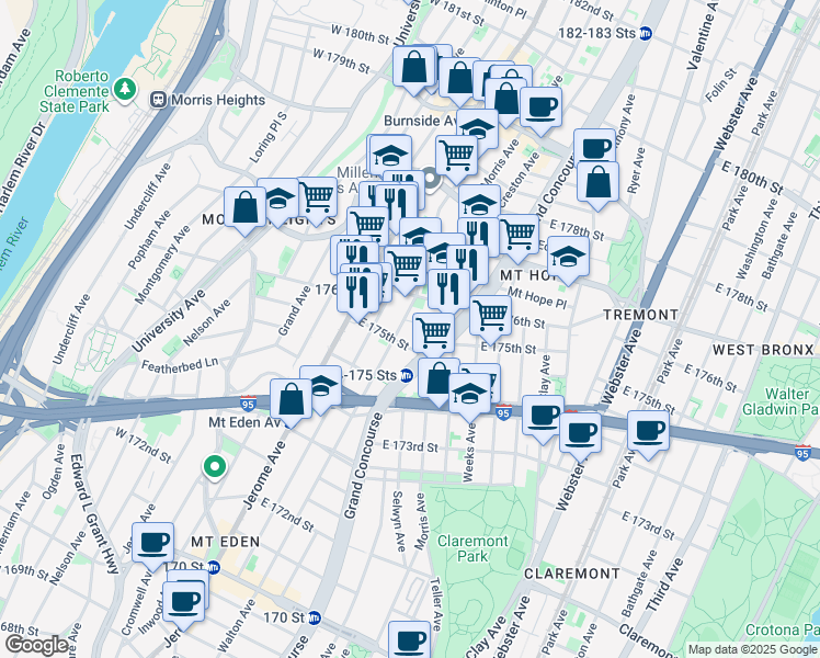 map of restaurants, bars, coffee shops, grocery stores, and more near 1790 Walton Avenue in Bronx