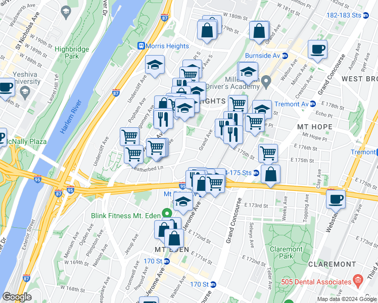 map of restaurants, bars, coffee shops, grocery stores, and more near 1674 Macombs Road in The Bronx