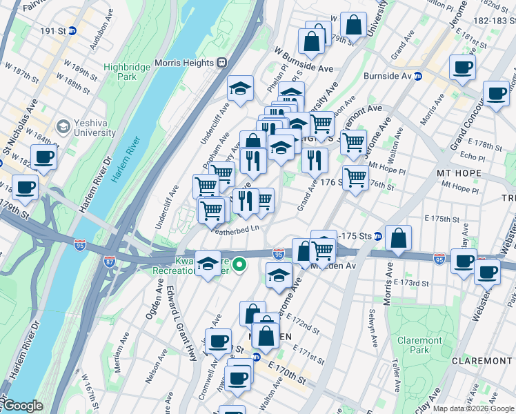 map of restaurants, bars, coffee shops, grocery stores, and more near 1696 Nelson Avenue in Bronx