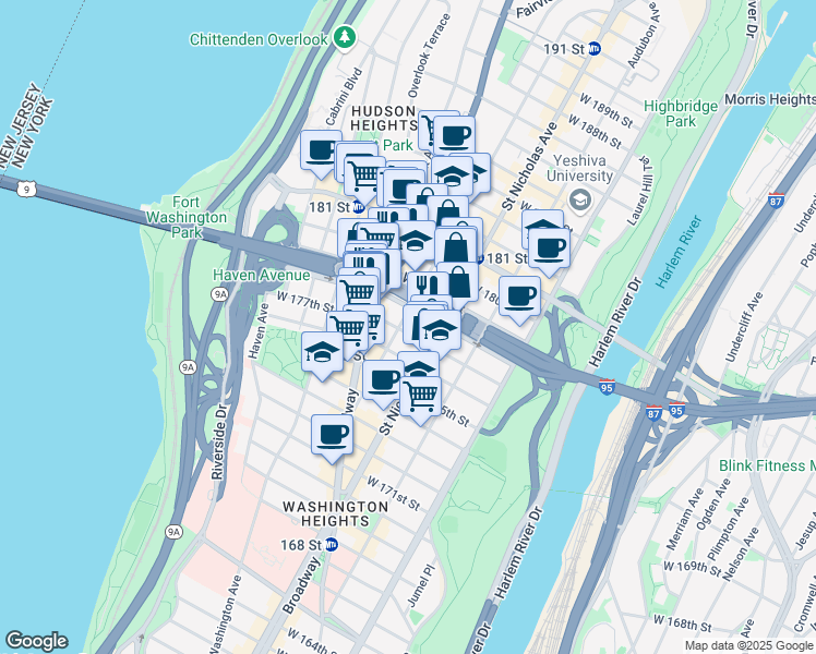 map of restaurants, bars, coffee shops, grocery stores, and more near West 178th Street in New York