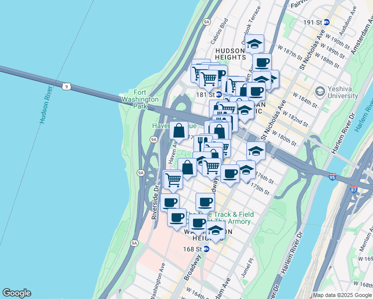 map of restaurants, bars, coffee shops, grocery stores, and more near in New York