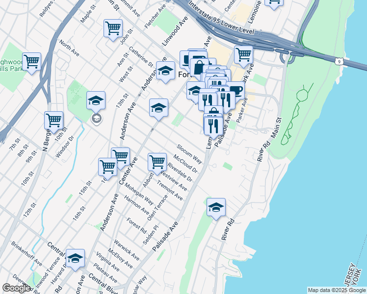 map of restaurants, bars, coffee shops, grocery stores, and more near 253 Tom Hunter Road in Fort Lee