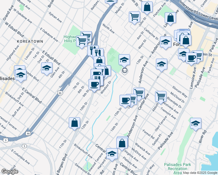 map of restaurants, bars, coffee shops, grocery stores, and more near 625 Windsor Drive in Palisades Park