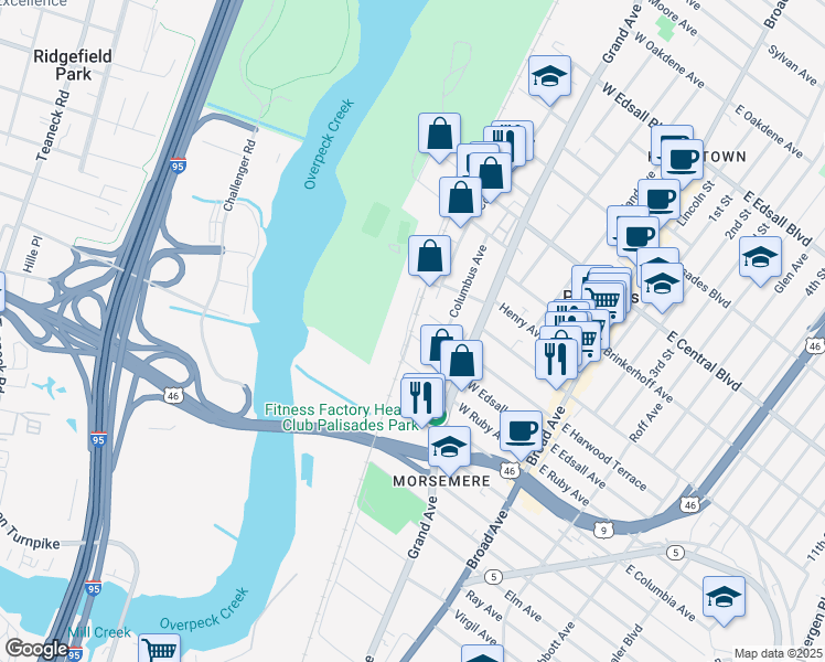 map of restaurants, bars, coffee shops, grocery stores, and more near 41 Prospect Street in Palisades Park