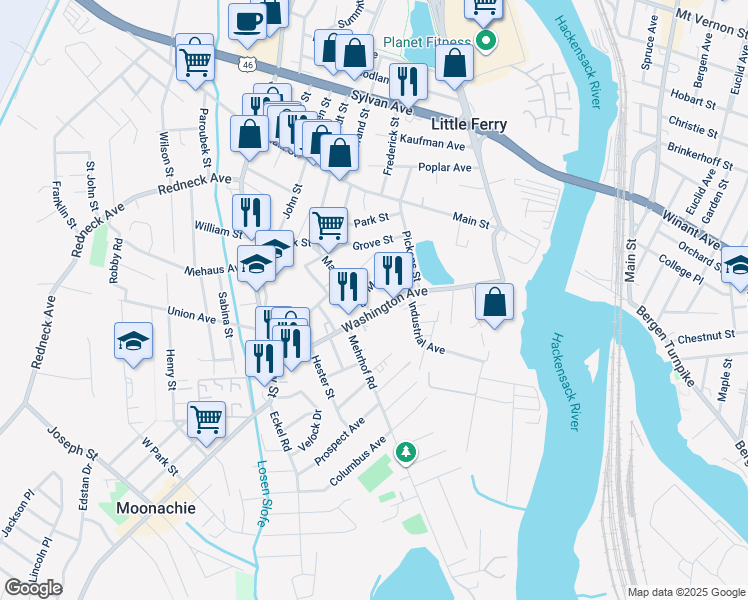 map of restaurants, bars, coffee shops, grocery stores, and more near 50 Maple Street in Little Ferry